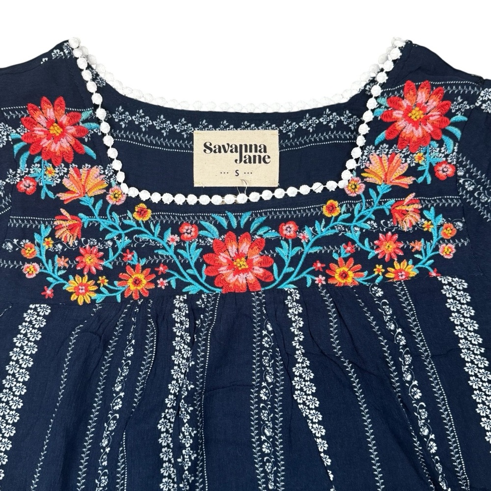 NWT Savanna Jane Navy Blue Embroidered Floral Square Neck Blouse Shirt Small - Picture 5 of 11